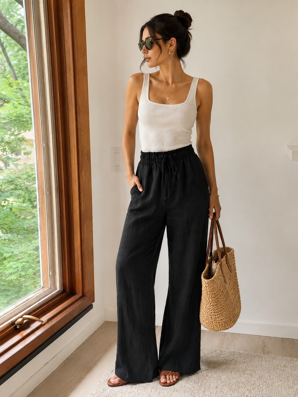 ZARS Women's Wide-Leg Drawstring Linen Pants - Black